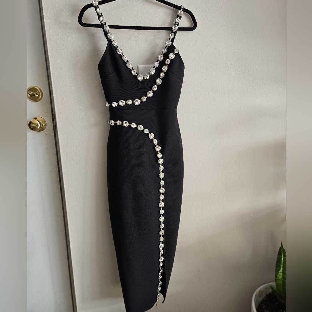 Fashion Nova Black Midi Dress with Pearl Accents